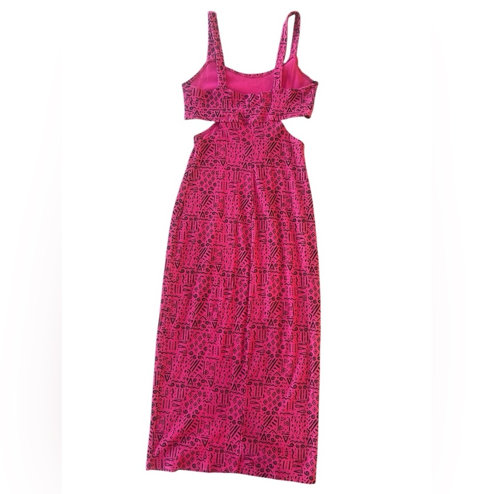 Y2K Material Girl Midi Bodycon Pink and Black Patterned Cutout Dress Ribbed - Picture 4 of 5